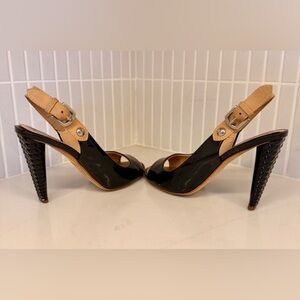 Giuseppe Zanotti Black/Tan Patent Leather Peep-Toe High Heels. Size 36.5EU/6.5US